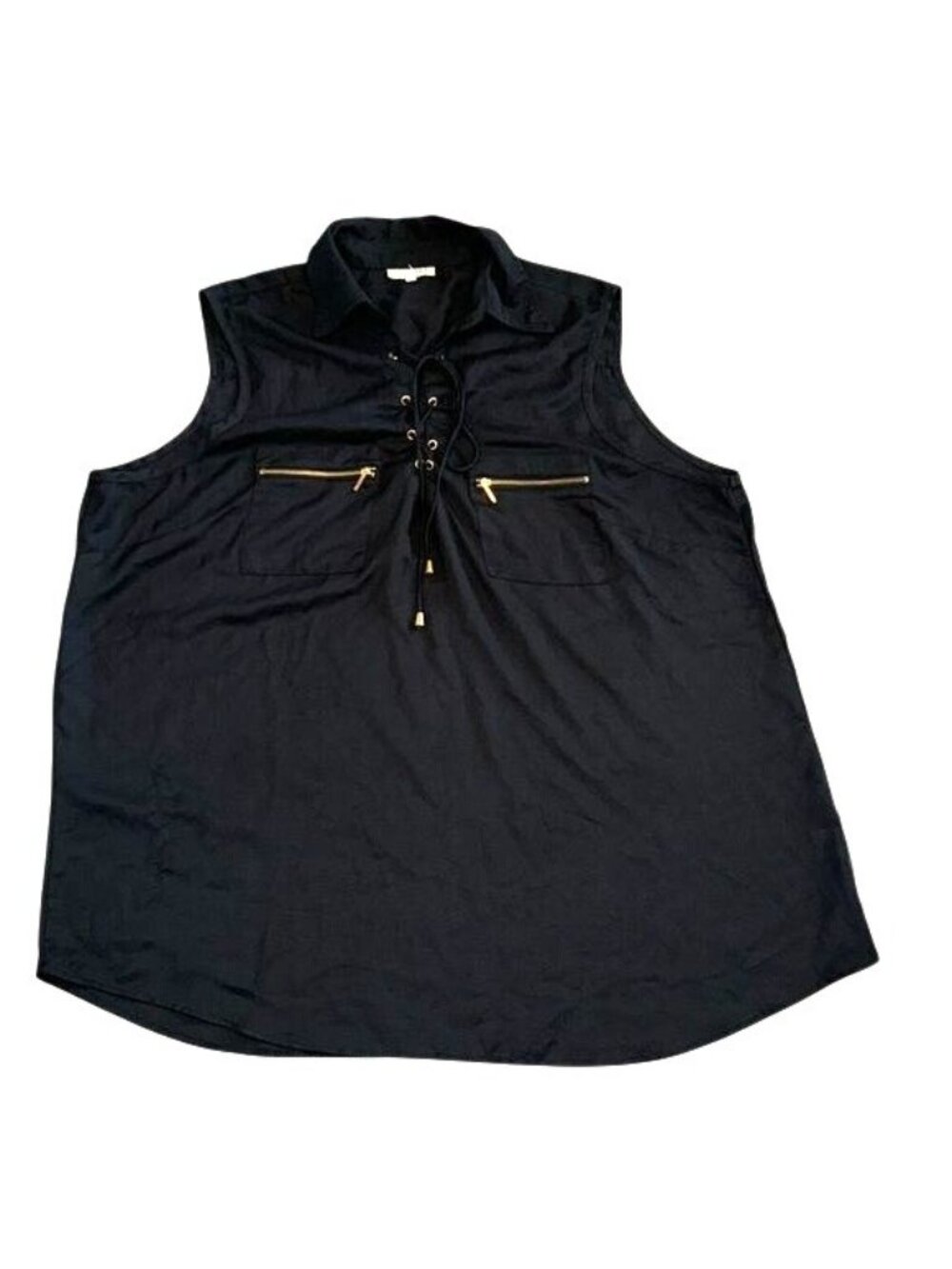 Sleeveless Black Lace-Up Blouse With Gold Zipper Pockets Mileage Brand 3X Polyes